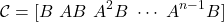 \[\mathcal{C} = [B \ AB \ A^2B \ \cdots \ A^{n-1}B]\]