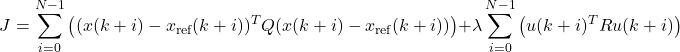 \[J = \sum_{i=0}^{N-1} \left( (x(k+i) - x_{\text{ref}}(k+i))^T Q (x(k+i) - x_{\text{ref}}(k+i)) \right) + \lambda \sum_{i=0}^{N-1} \left( u(k+i)^T R u(k+i) \right)\]