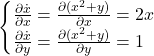 \[\begin{cases} \frac{\partial \dot{x}}{\partial x} = \frac{\partial (x^2 + y)}{\partial x} = 2x \\ \frac{\partial \dot{x}}{\partial y} = \frac{\partial (x^2 + y)}{\partial y} = 1 \end{cases}\]