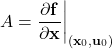 \[A = \frac{\partial \mathbf{f}}{\partial \mathbf{x}} \bigg|_{(\mathbf{x}_0, \mathbf{u}_0)}\]