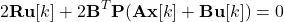 \begin{equation*} 2 \mathbf{R} \mathbf{u}[k] + 2 \mathbf{B}^T \mathbf{P} (\mathbf{A} \mathbf{x}[k] + \mathbf{B} \mathbf{u}[k]) = 0 \end{equation*}