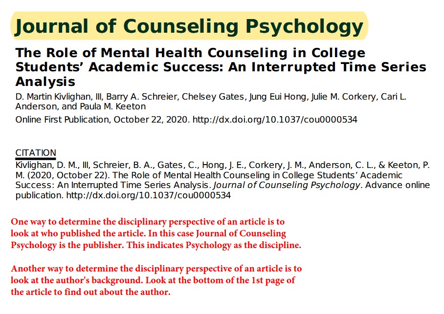 Annotated article showing the article is from the Journal of Counseling Psychology