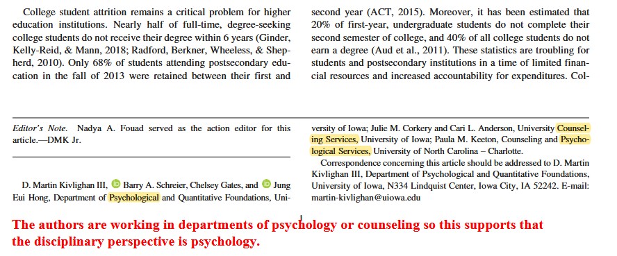 Annotated article which shows the author's credentials at the bottom of the first page