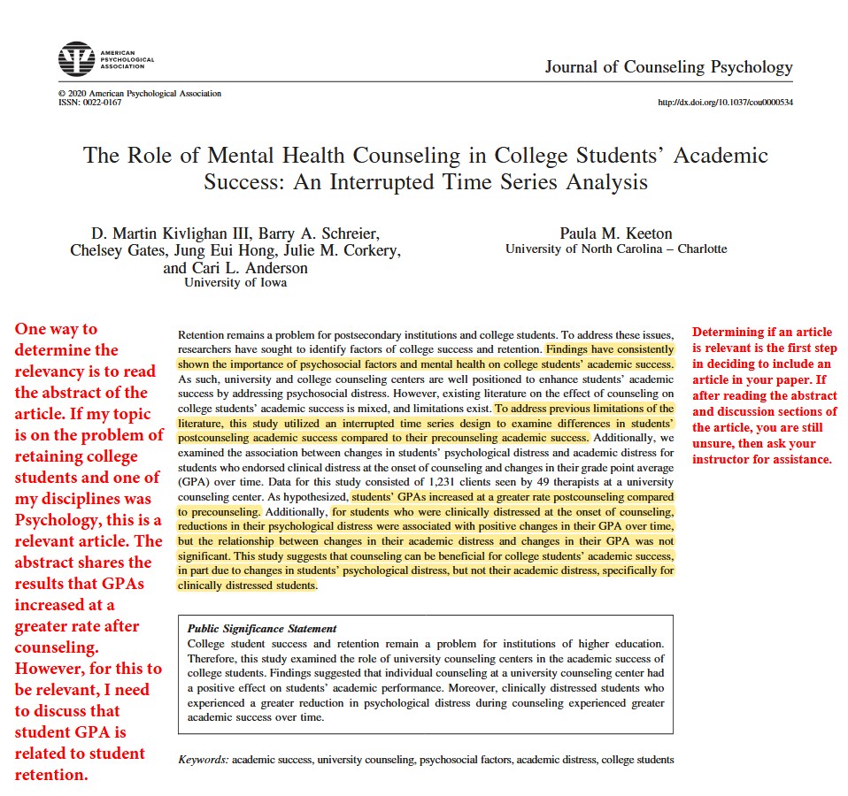 Article that is annotated showing how it is relevant to a topic.