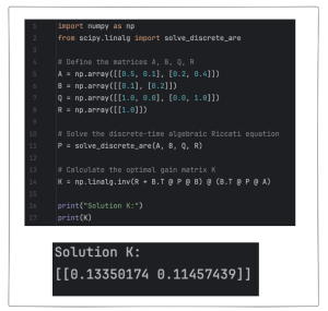 Example of using Python to compute the LQR control gain K.