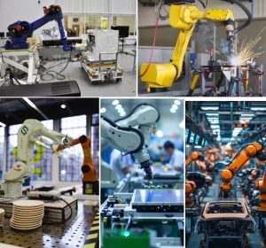 Industrial robot applications in manufacturing – robot drill, spot welding robot, pick and place robot, electronic component assembly robot, automanufacturing assembly robot