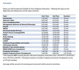Detail example schedule for New Employee Orientation