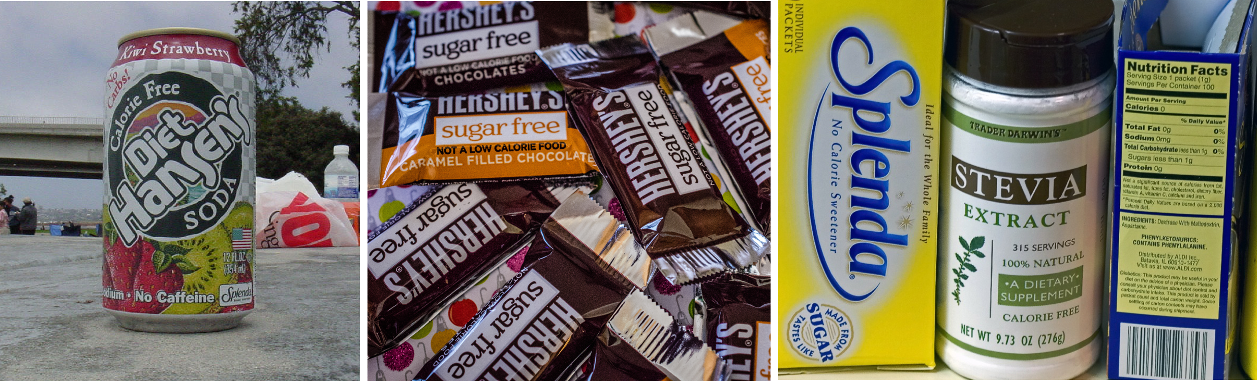 3 photos, from left to right: A Diet Hansen's soda; a pile of Hershey's sugar-free chocolate; and several examples of sweeteners, include Splenda and a stevia sweetener