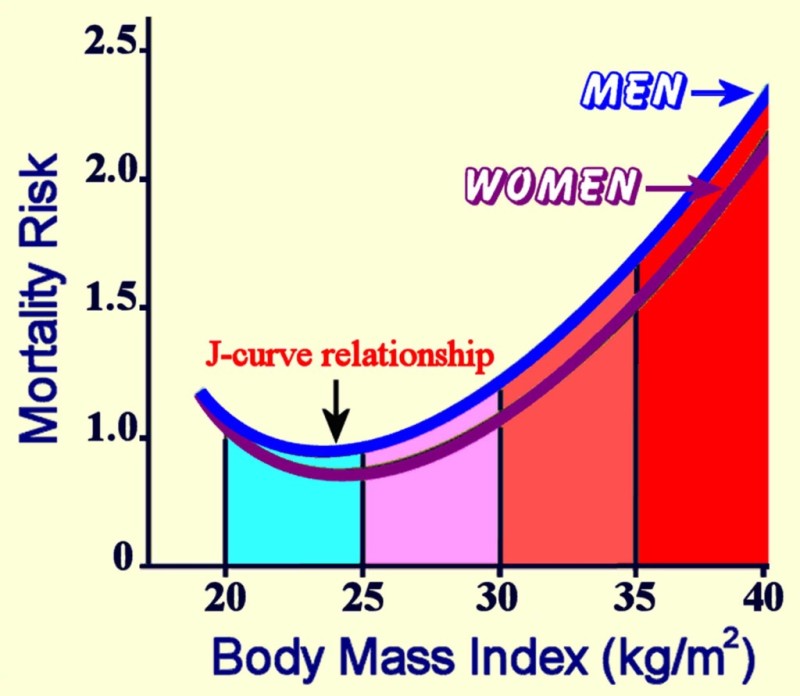 A bar graph depicts a J-shaped curve representing higher risk of mortality when BMI is in the underweight range or in the overweight or obese ranges.