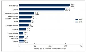 Graph with leading causes of deathe in the US for 2018 and 2019