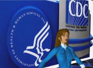 Blue background with CDC logo in white and a female blue avatar of the CDC lady.