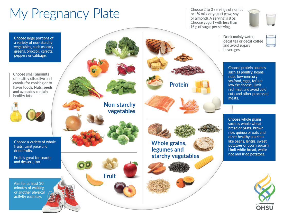 A plate image shows an ideal pregnancy diet. The largest portion, about one-third of the plate, is non-starchy vegetables. About one-quarter of the plate shows lean protein sources, and another one-quarter shows whole grains, legumes, and starchy vegetables. A smaller fraction (about one-sixth) shows whole fruits.
