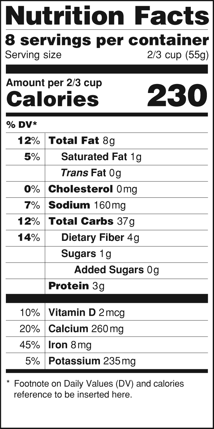 Nutrition facts shows the following for a 2/3 cup serving: 230 total calories, 8g of total fat, 37g of total carbohydrate, and 3g of protein.