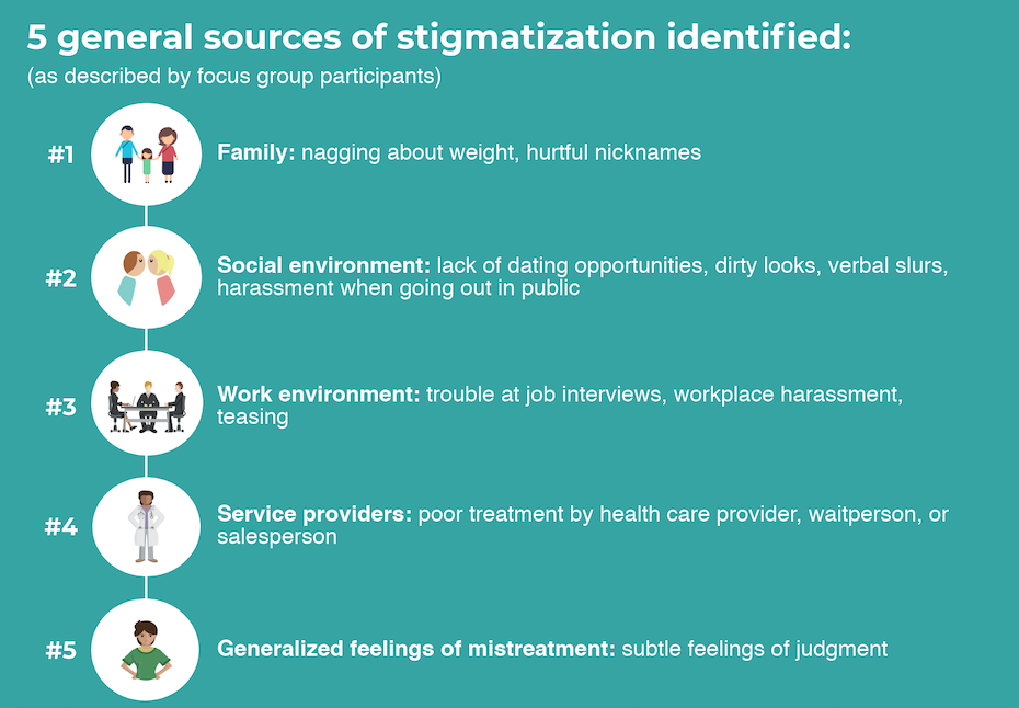 A chart is shown listing 5 categories of weight stigmatization identified in a focus group study. First is family (nagging about weight, hurtful nicknames). Second is social environment (lack of dating opportunities, dirty looks, harassment when out in public). Third is work environment (trouble at job interviews, workplace teasing). Fourth is service providers (poor treatment by health care provider or waitperson or salesperson). Fifth is generalized feelings of mistreatment (subtle feelings of judgment).