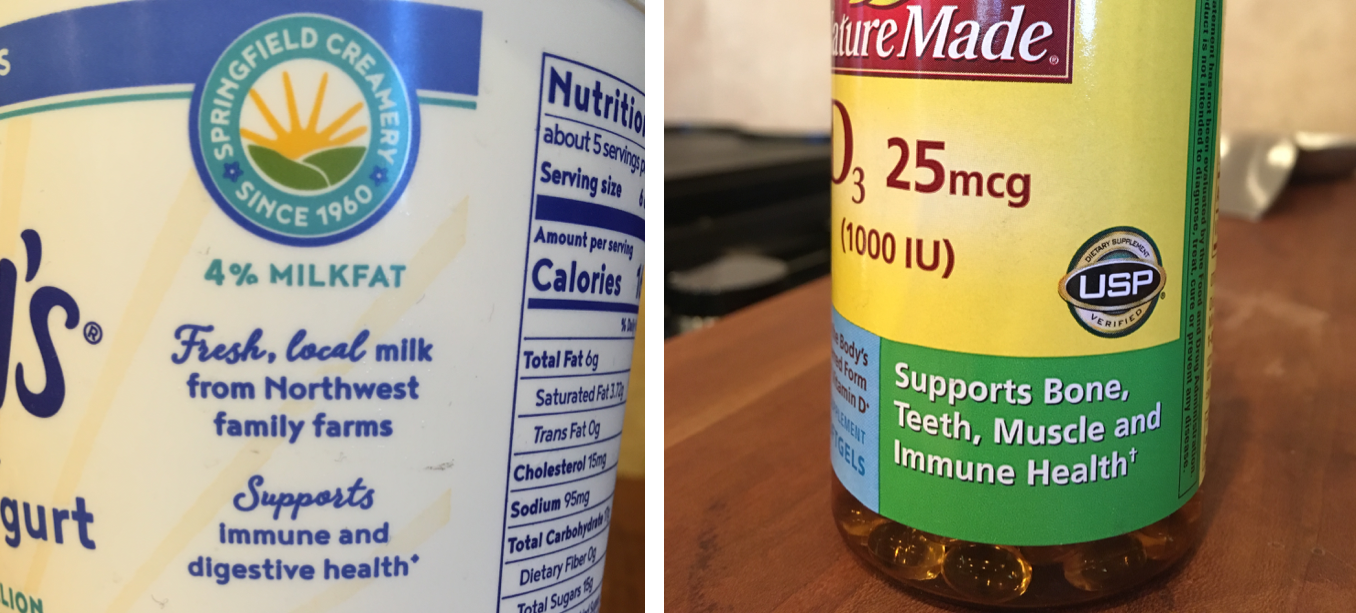 The left-hand photo shows a close-up of a yogurt container. It reads "Supports immune and digestive health." The right-hand photo shows a label on a vitamin D supplement bottle, with the claim, "Supports bone, teeth, muscle, and immune health."