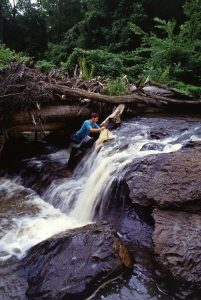 Small waterfalls called headcuts gouge stream channels ever deeper as they move upstream. The variety and vigor of the insects that biologist Sam Testa collects will reflect the level of environmental harshness or pollution in this stream.