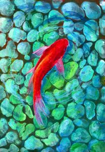 A red fish swims in water.