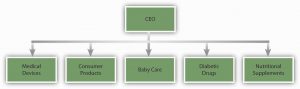 Org Chart: CEO leading to Medical Devices, Consumer Products, Baby Care, Diabetic Drugs, Nutritional Suppliments