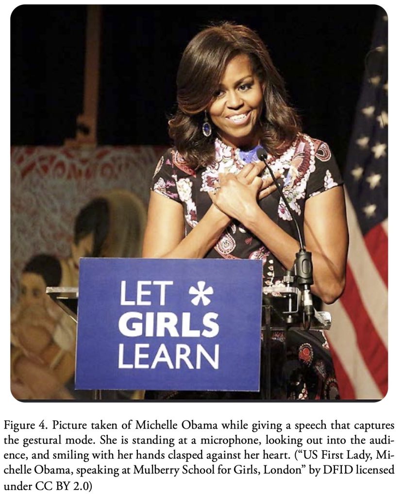 Figure 4. Picture taken of Michelle Obama while giving a speech that captures the gestural mode. She is standing at a microphone, looking out into the audience, and smiling with her hands clasped against her heart. (“US First Lady, Michelle Obama, speaking at Mulberry School for Girls, London” by DFID licensed under CC BY 2.0)