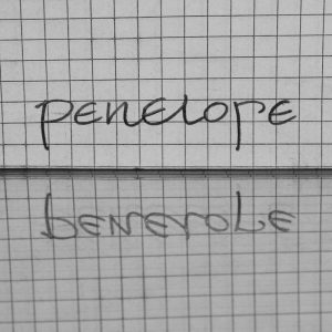 Ambigramme miroir Penelope / bénévole doublement lisible par symétrie d'axe horizontal