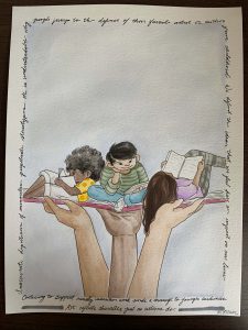 An watercolor and pen drawing of a diverse group of people reading books sitting and laying on top of books and being uplifted by hands.