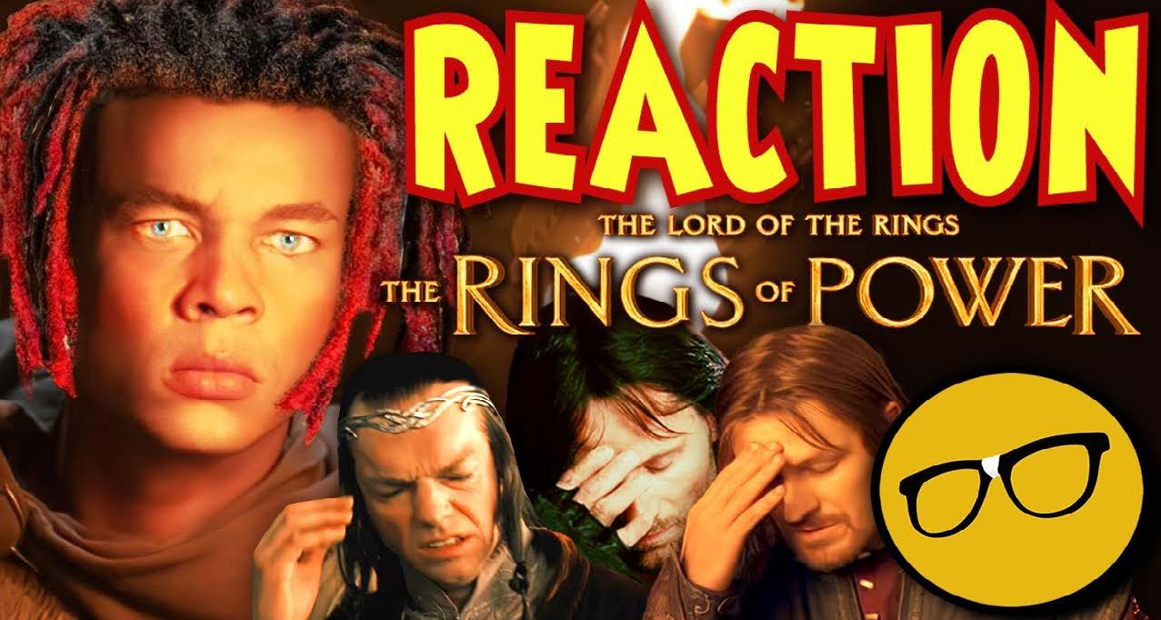 A reaction image to "The Lord of the Rings: The Rings of Power" featuring a person with red dreadlocks and blue eyes in the foreground, with other characters and "REACTION" in bold letters. Some characters appear distressed or frustrated.