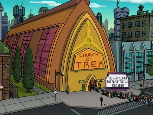 An animated image of a large church-like building labeled "Church of Trek". A long line of people extends from the entrance. A sign near the entrance reads, "The sci-fi religion that doesn't take all your money."